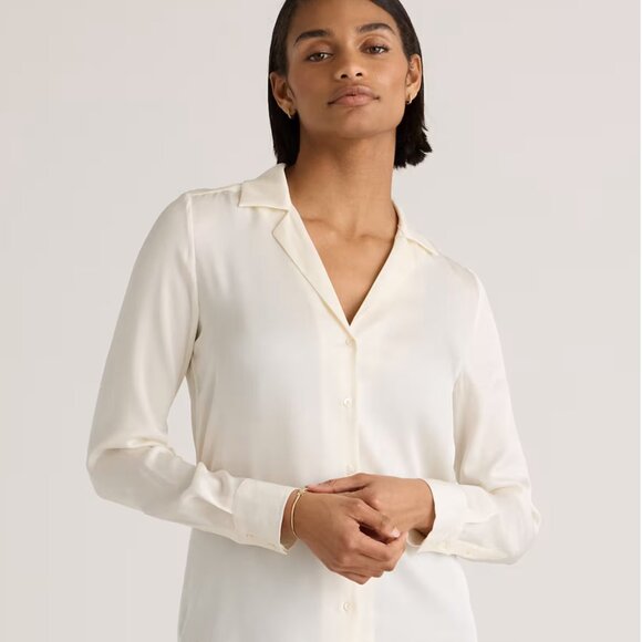 Quince Washable Stretch Silk Notch Collar Long Sleeve Blouse - Picture 1 of 10